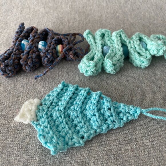 Handmade Crochet Blue Brown Holiday Christmas Tree Hanging Decorations Set of 3 - Picture 6 of 6